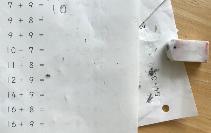 mathematics homework with errors and eraser